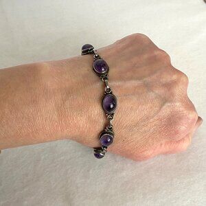 Oxidized Sterling Silver 925 Oval Amethyst Cabochon Link Bracelet Sz 7.75"